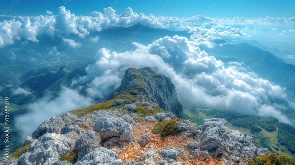 Poster the view from the top of a mountain looking down at the clouds and the mountains below is full of gr