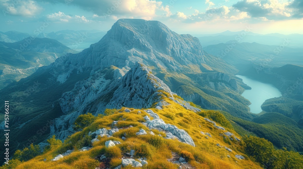 Poster a view from the top of a mountain looking down at a body of water in the middle of a valley with a m