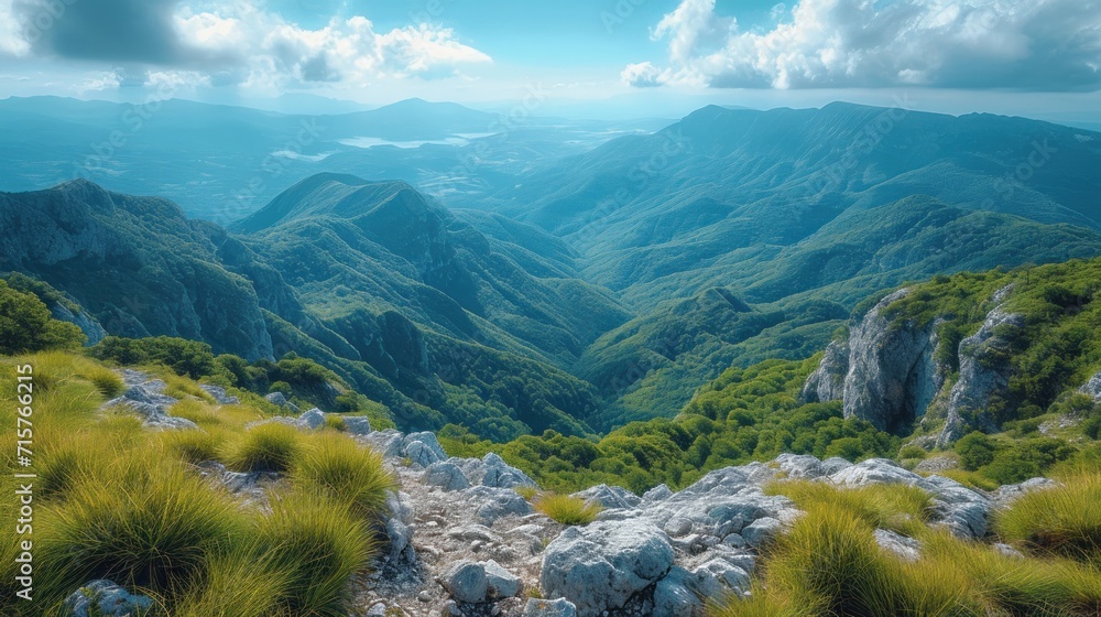 Poster a view of a mountain range from a high point of view of the valley and the mountains in the distance