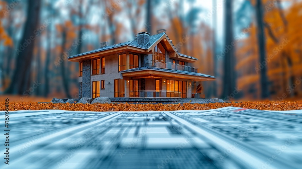 Poster blueprint for a new house, new building on background. architecture design concept. generative ai