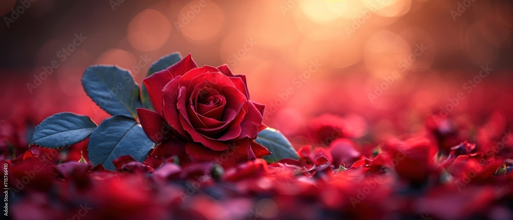Poster a single red rose sitting in the middle of a field of red flowers with a boke of light shining on th