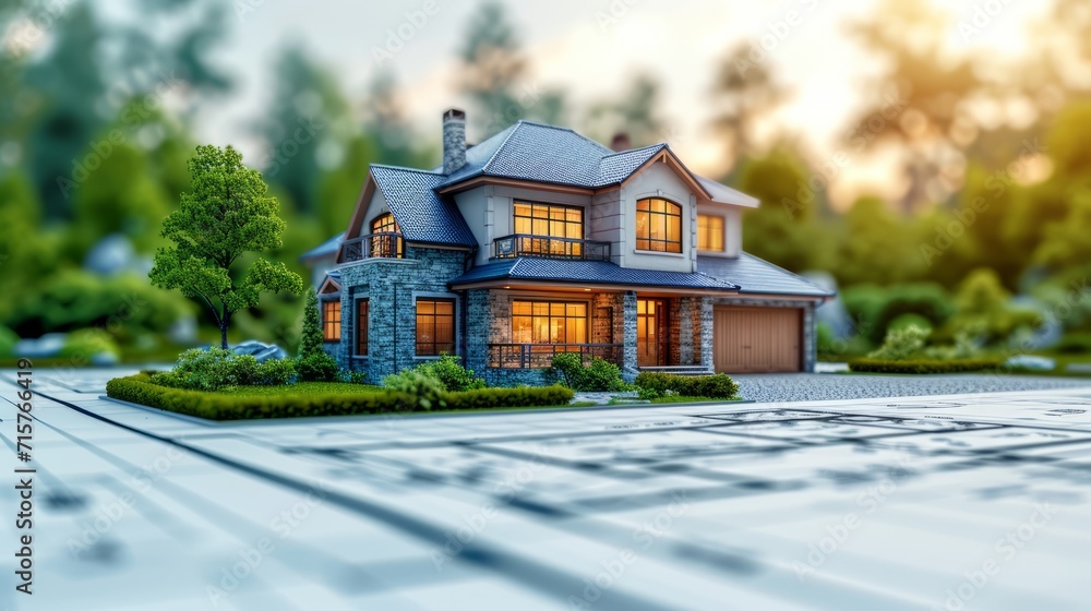 Poster blueprint for a new house, new building on background. architecture design concept. generative ai