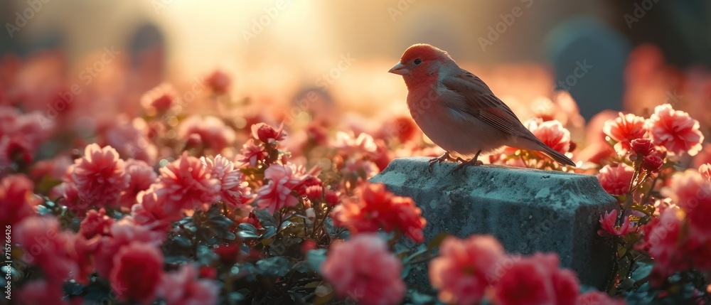 Poster a small bird perched on top of a cement block in a field of red and white flowers with the sun shini