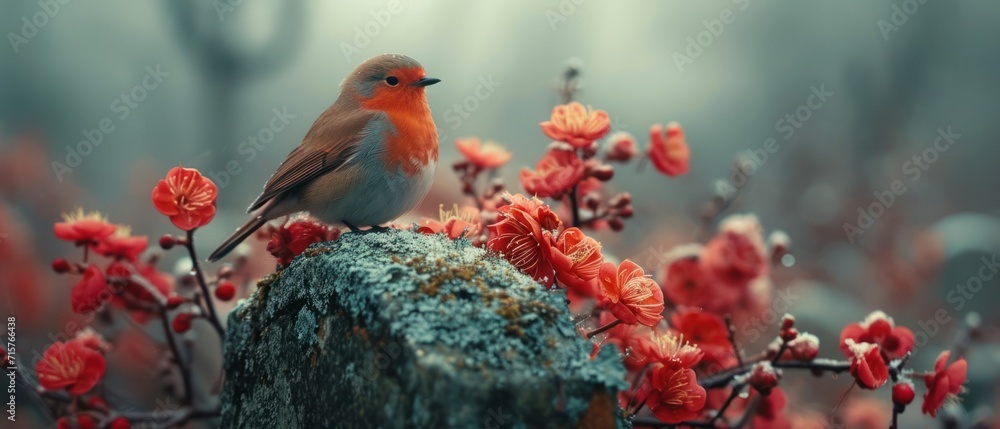 Poster a small bird perched on top of a tree branch with red flowers in the foreground and a foggy sky in t