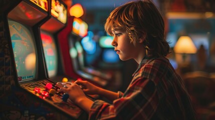 Fototapeta premium Little boy playing a slot machine. Child playing video game.
