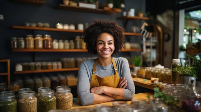 Eco-friendly containers for storing green consumer shop net zero waste store african seller retail home office shop. Small SME owner young adult woman Gen Z people happy smile pride look at camera