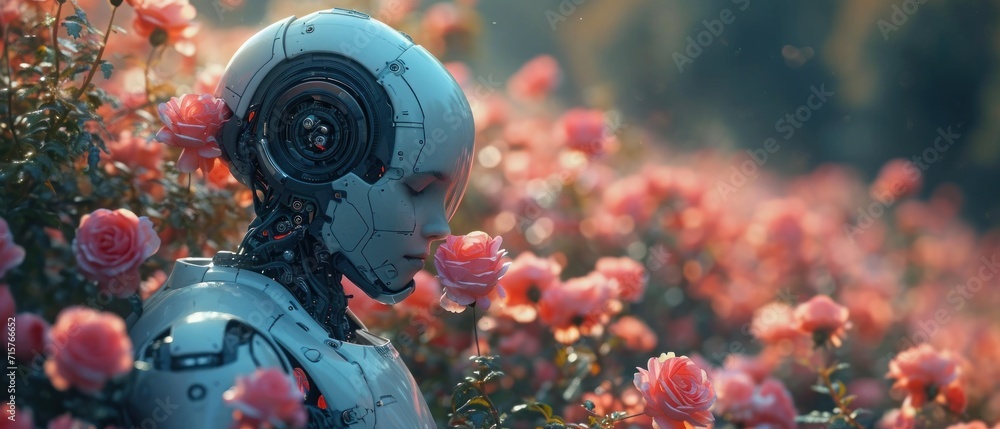 Poster a robot in a field of roses with a camera attached to it's head and a camera attached to the back of