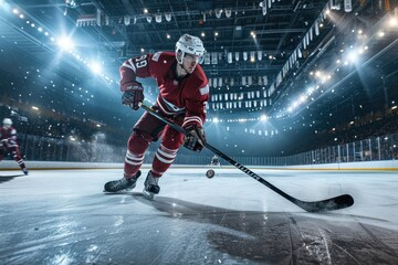 Ice hockey player in action on the rink. The concept of sport, hobby, entertainment.