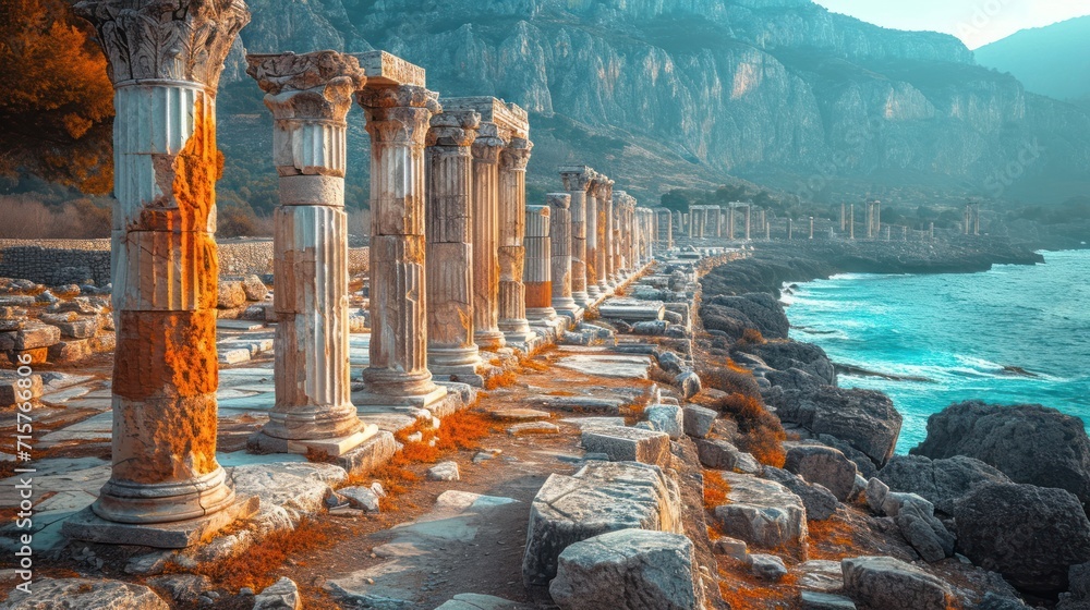 Poster a row of stone pillars next to a body of water with a mountain in the backgrouf of the picture and a