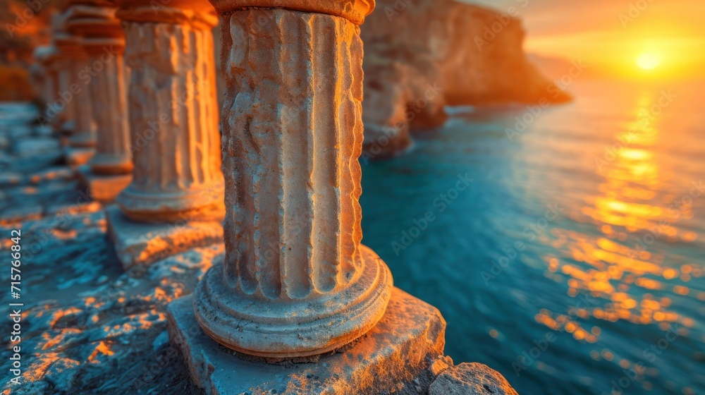 Poster  a row of pillars sitting on the side of a cliff next to a body of water with the sun setting in the distance over the water behind the cliff side of the ocean.