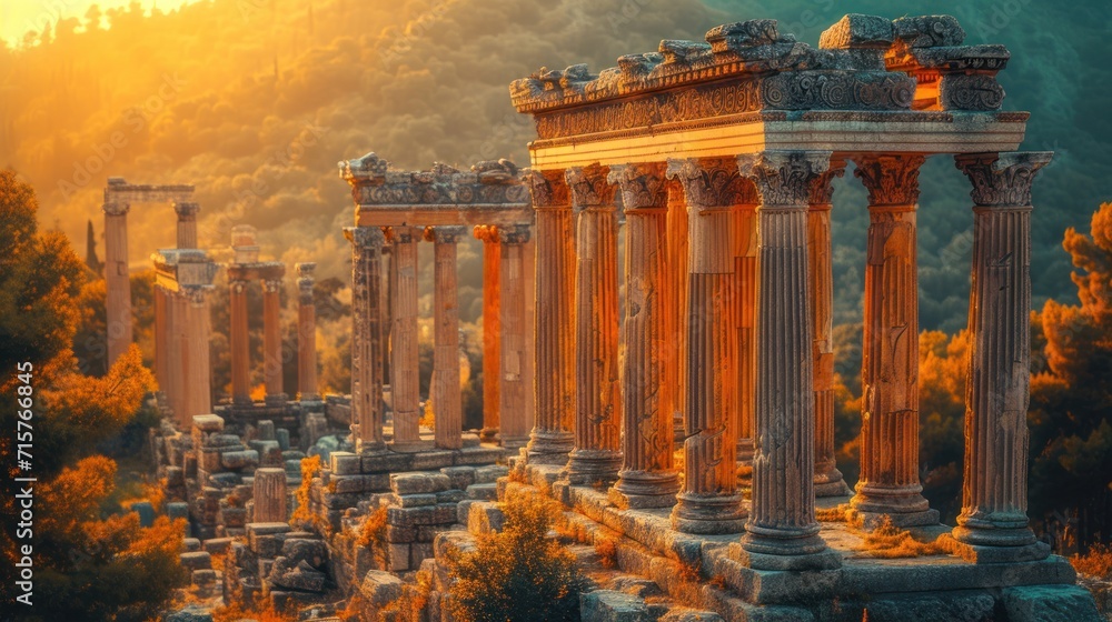 Poster a digital painting of a roman city with columns and trees in the foreground and a mountain in the ba