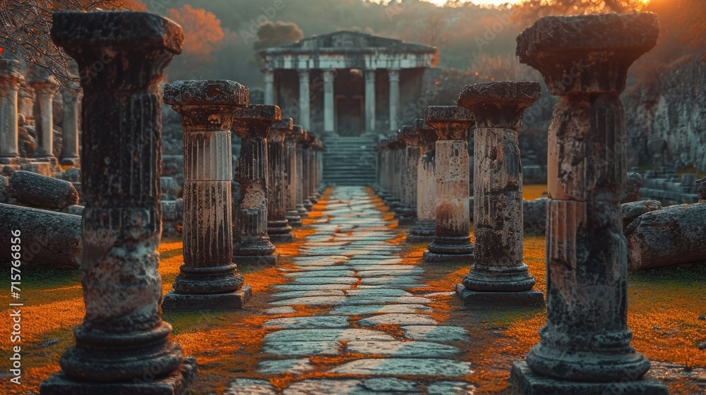 Aufkleber a group of stone pillars sitting next to each other on top of a lush green field next to a stone bui