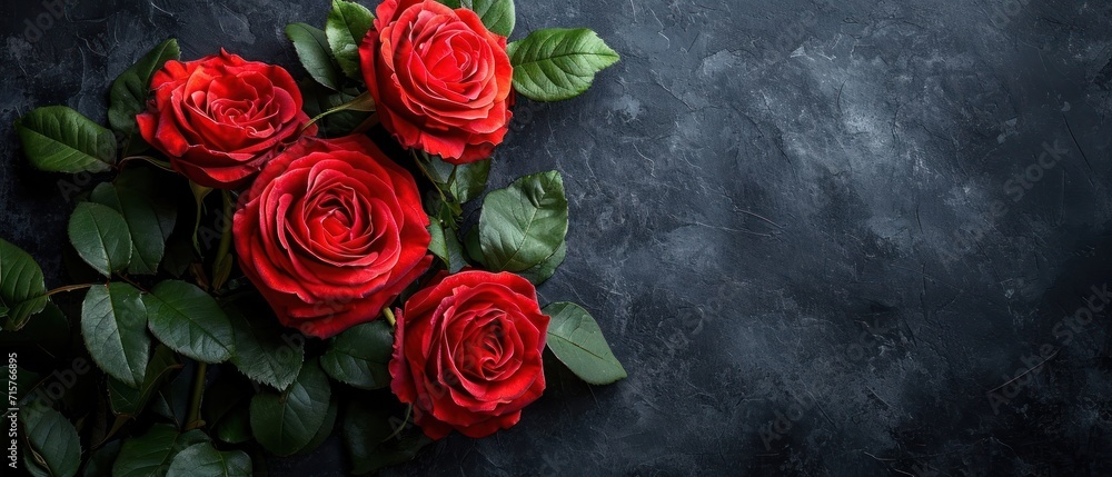 Aufkleber a bunch of red roses with green leaves on a black background with a place for a text on the bottom r