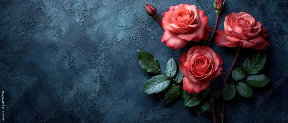 Aufkleber three red roses with green leaves on a dark blue background with a place for a text on the left side