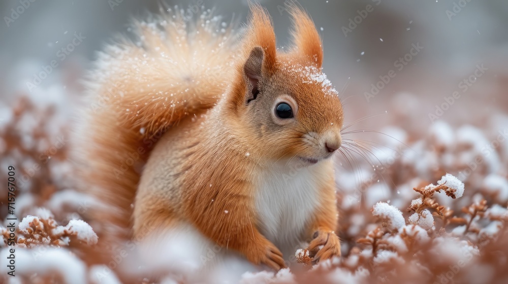 Poster a close up of a squirrel with snow on it's fur and a blurry background of snow flakes on it's fur, w