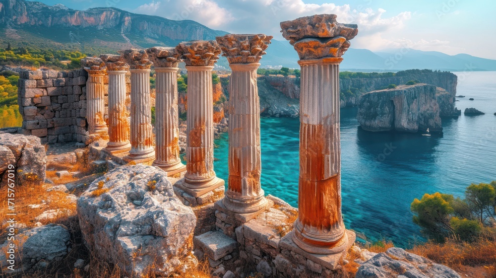 Canvas Prints  a group of pillars sitting on top of a cliff next to a body of water with a rocky cliff in the background and a body of water in the foreground.