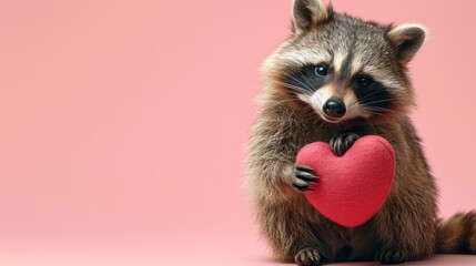 cute happy racoon holding a heart in his paws, on pink pastel background, for Valentine's Day, banner, copy space