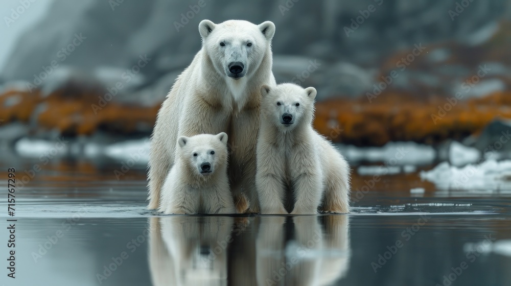 Poster a group of polar bears standing on top of a body of water with a mountain in the background with sno