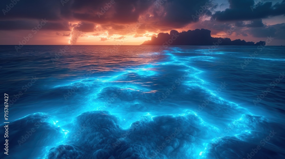 Poster a large body of water with waves in the middle of it and a sunset in the background with clouds in t