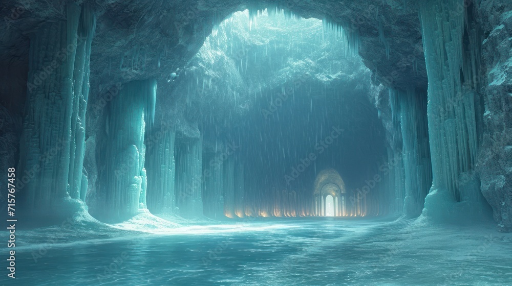 Poster a tunnel of ice with a light at the end of the tunnel and a light at the end of the tunnel at the en