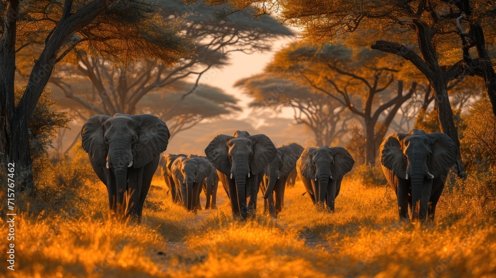 Poster a herd of elephants walking down a path in a grassy area with tall trees and yellow grass on either 