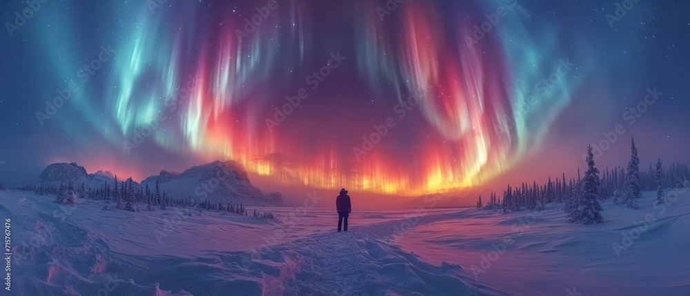 Poster a man standing in the middle of a snow covered field under a multicolored display of aurora bores in