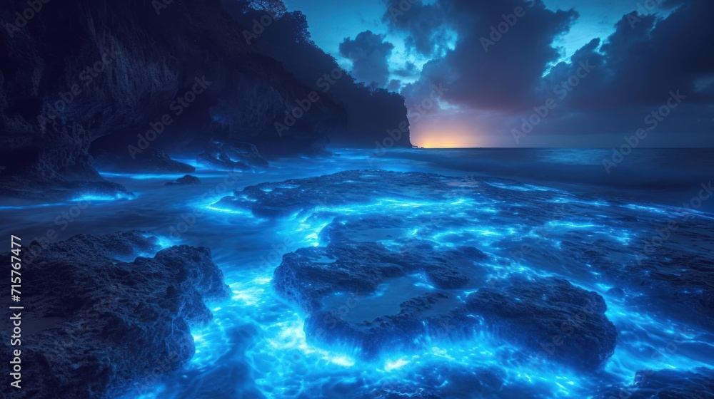 Poster a large body of water with rocks on the shore and a sky filled with clouds in the background with a 