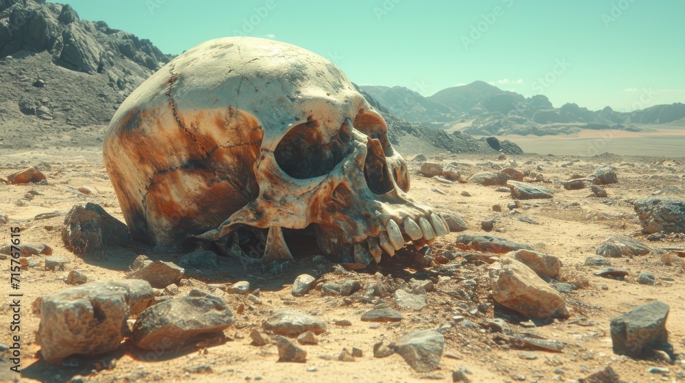 Poster a skull in the middle of a desert with rocks in the foreground and a mountain in the background with