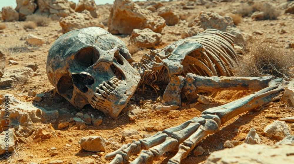 Aufkleber a skeleton sitting in the middle of a desert with rocks and grass in the foreground and a blue sky i