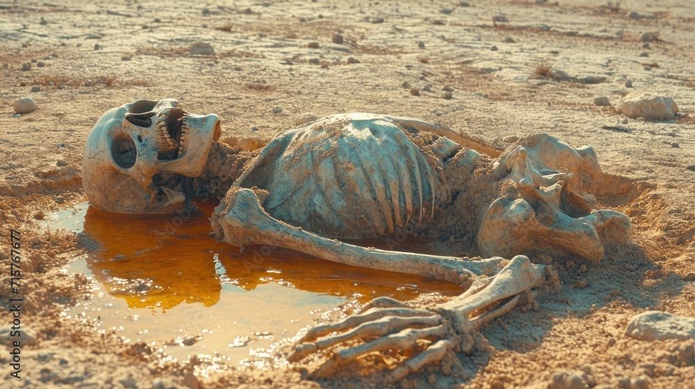 Poster a skeleton laying on the ground with its head in a puddle of mud and it's face partially buried in t