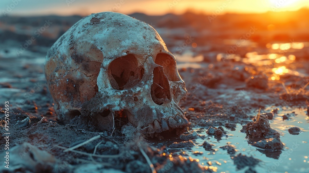 Poster a close up of a skull on a beach with the sun in the background and a body of water in the foregroun