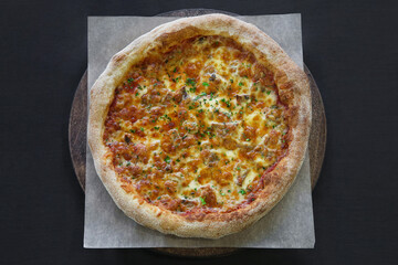 Hot pizza with mozzarella cheese and green basil close-up