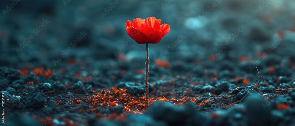 Poster  a single red flower sitting in the middle of a field of green and red grass, with a blurry background of rocks and grass in the middle of the foreground.