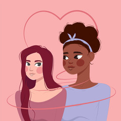 Happy lesbian couple in love. Cartoon girls with heart joining them together. Happy Valentines Day illustration.