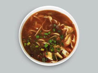 Hong Kong style noodle soup in a white plate. Gray background.
