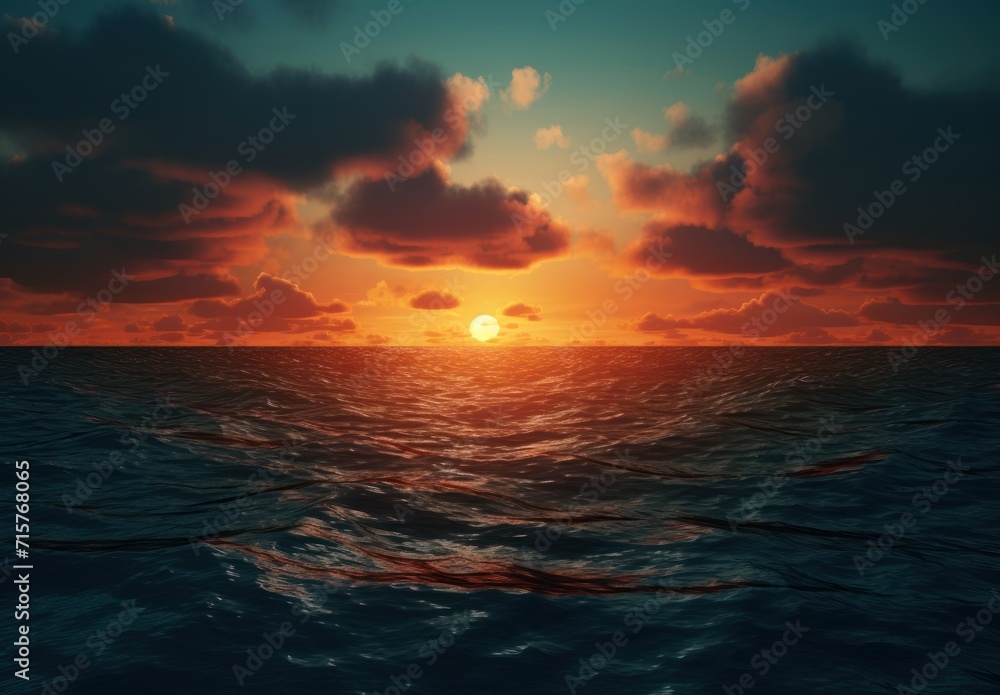 Poster a large body of water with a sun setting in the middle of the middle of the ocean with clouds in the