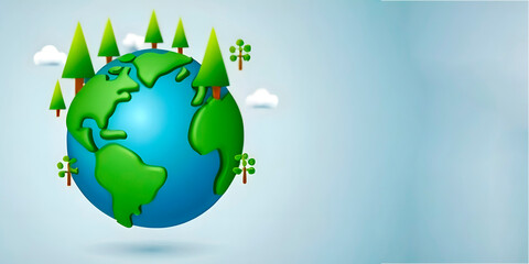 earth globe with green leaves and trees, banner with space for text