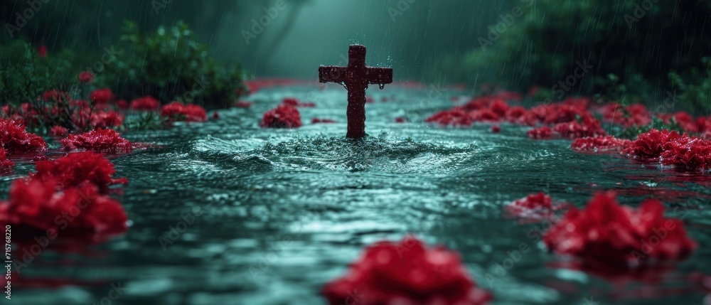Poster a cross in the middle of a stream of water with red flowers in the foreground and a forest in the ba