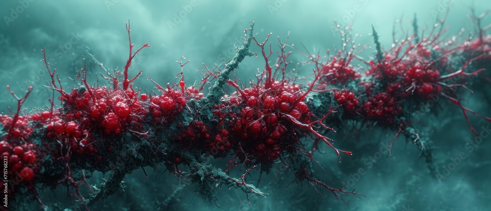 Poster a bunch of red berries sitting on top of a leaf covered tree branch in the foggy air with water drop