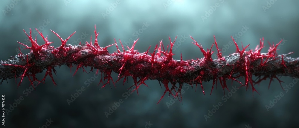 Sticker  a close up of a red plant with long spikes on it's end and a blurry background of water and dirt in the middle of the foreground.