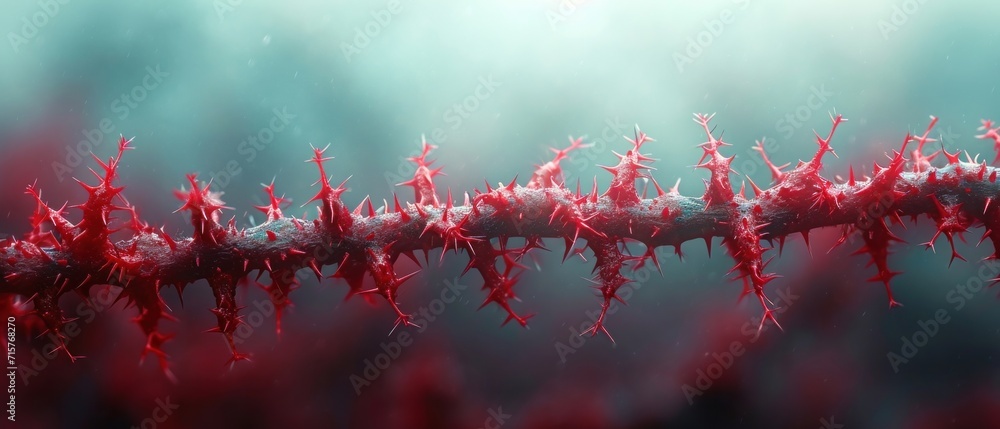 Poster a close up of a bunch of red and white spikes on a piece of metal with water droplets on the top of 