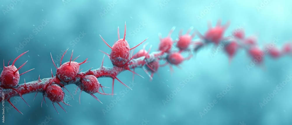 Poster a close up of a bunch of red blood cells on a branch with drops of blood on the end of the stem and 