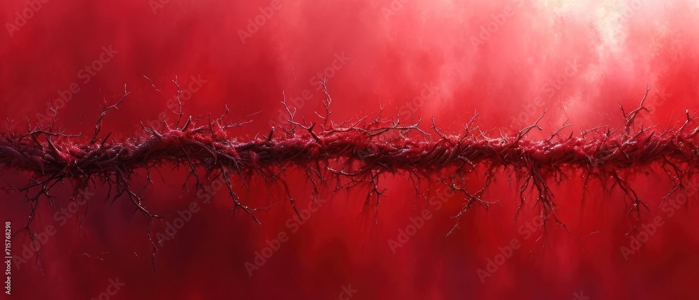 Poster a painting of a red background with a tree branch in the middle of the frame and water in the middle