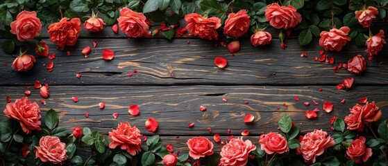  a bunch of red flowers that are on a wooden surface with leaves and petals on the side of the frame and on the top of the other side of the frame is a wooden plank.
