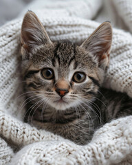 Obraz na płótnie Canvas Grey baby cat wrapped in blanket