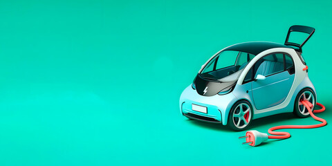 An electric car on green background, banner with space for text