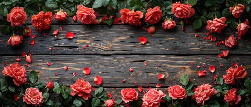  a bunch of red flowers that are on a wooden surface with leaves and petals on the side of the frame and on the top of the other side of the frame is a wooden plank.