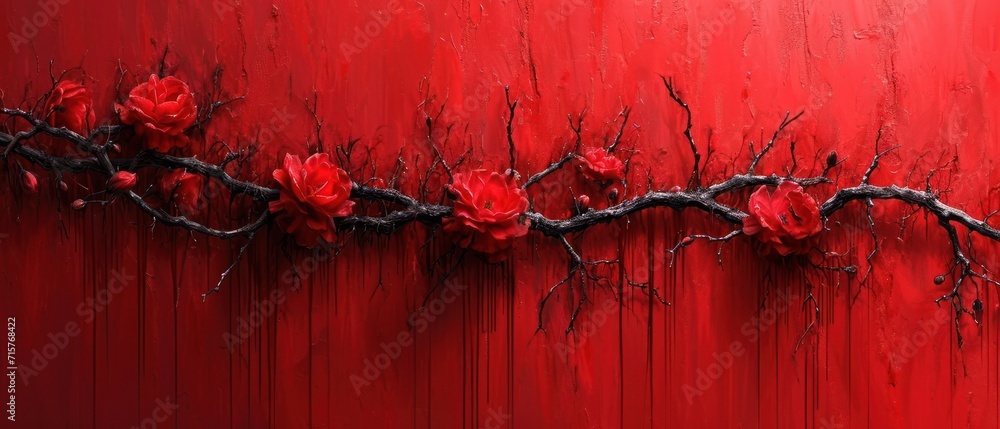 Poster a painting of a branch with red flowers on a red background with a red wall and a black branch with 