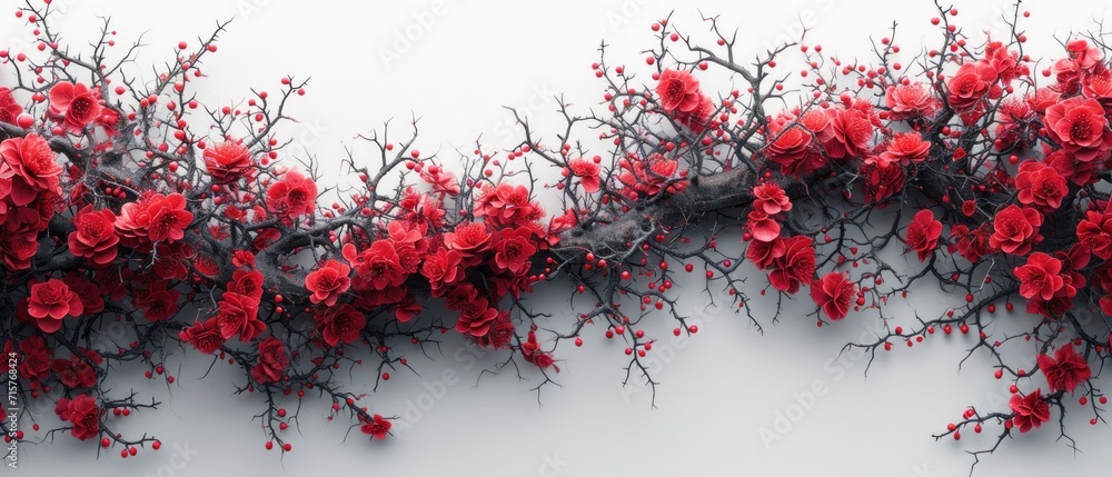 Poster a bunch of red flowers are growing on a tree branch with red berries on the top of the branches and 