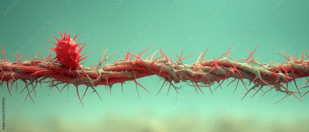 Poster a close up of a red and white object with spikes on it's end and a light green background with a lig